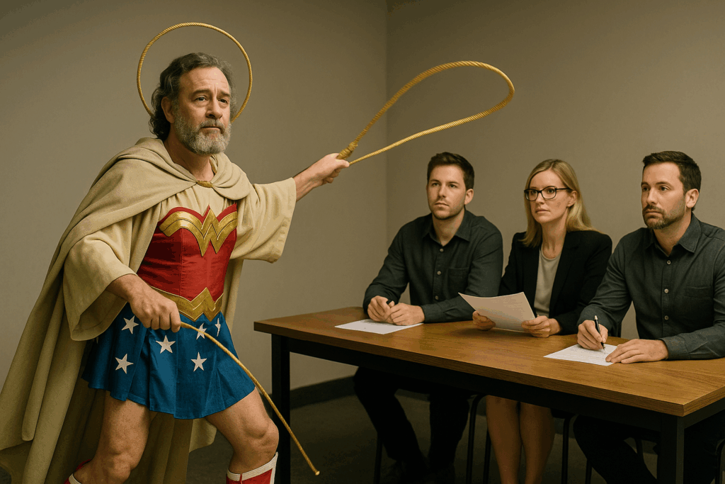 KI-Illustration die einen älteren Schauspieler beim Casting in einem Kostüm von Wonder Woman zeigt.