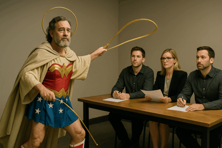 KI-Illustration die einen älteren Schauspieler beim Casting in einem Kostüm von Wonder Woman zeigt.