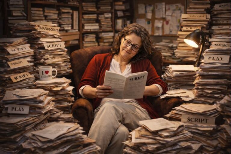Welches Stück passt zu unserem Verein? Gedanken zur Stückwahl im Amateurtheater Eine Frau studiert ein Theaterstück - umgeben von Hunderten Stücken. Bild mit KI generiert.