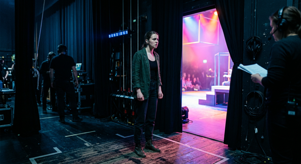 KI-generiertes Symbolbild: Schauspielerin mit Lampenfieber kurz vor dem Auftritt 