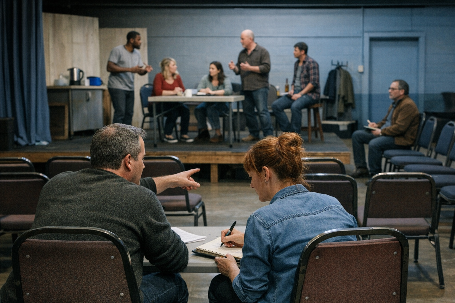 Theaterprobe in der Gemeinschaftshalle - beobachtet von einem Œil extérieur. Ki-generiertes Bild